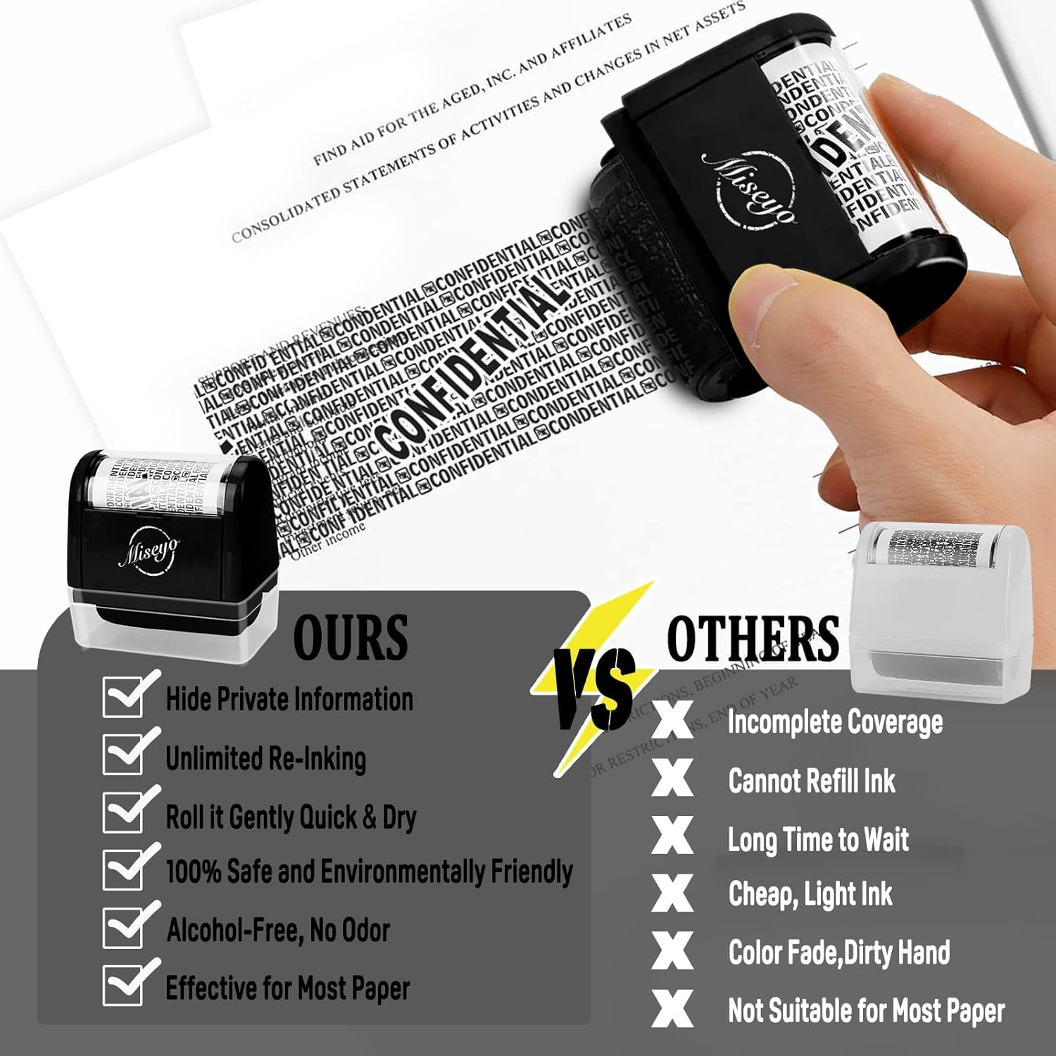 Miseyo Wide Confidential Roller Stamp Identity Theft Stamp 1.5 Inch Perfect for Privacy Protection - Black with Refill Ink - 3 Pack - Black Ink image 8 of 8 B0G5NHZYLT