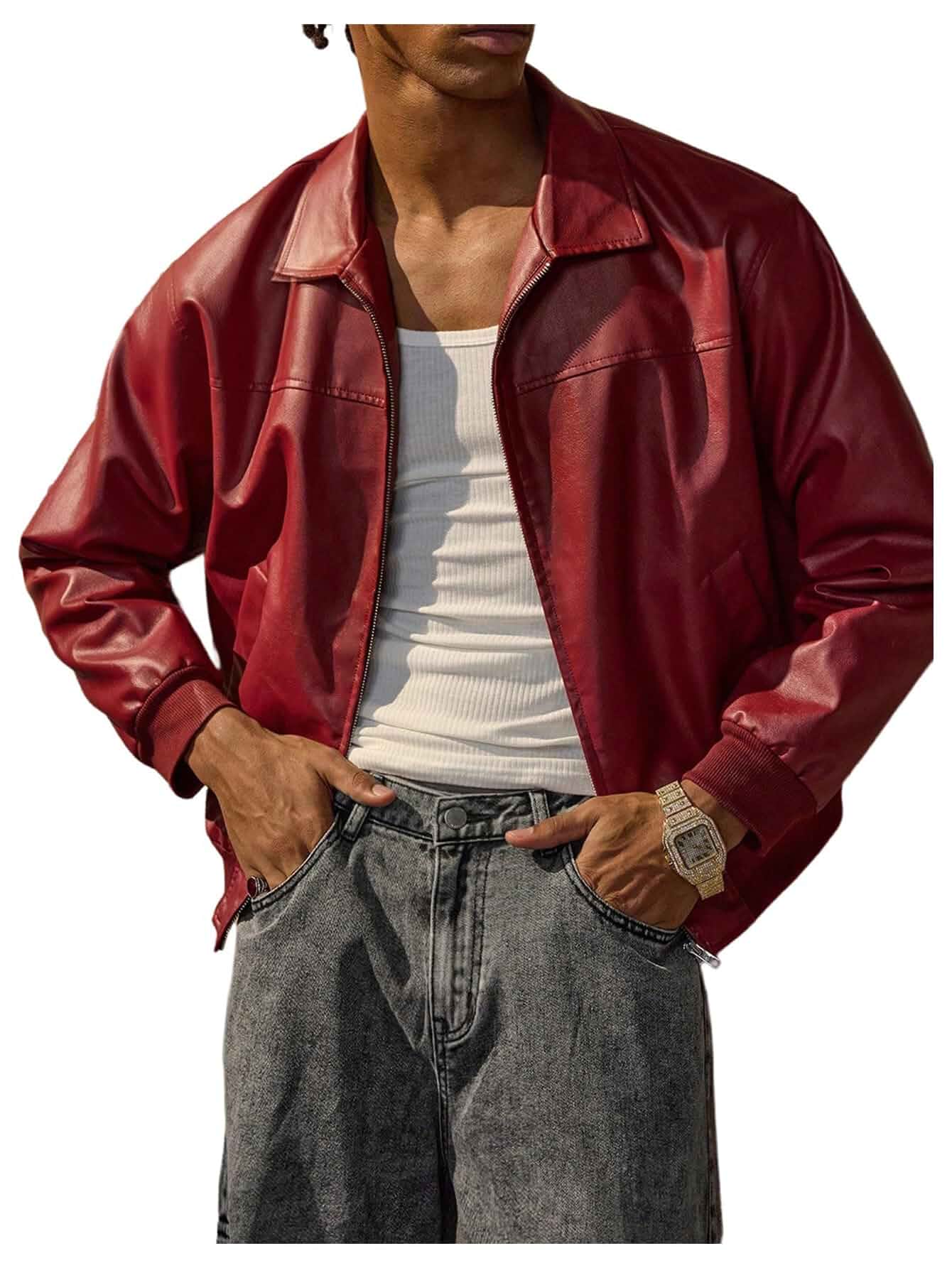 Verdusa Men's Leather Jacket Zip Up Collared Bomber Jackets with Pockets Faux Leather Jacket Men, Motorcycle Jacket, Concert Outfits, Y2k Clothes Men, Streetwear Men