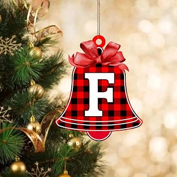 Buffalo Plaid Bell 2D Flat Christmas Ornaments 2024 Monogram Initial Letter F Christmas Tree Decorations Acrylic Ornaments Hanging Ornaments Present Xmas Souvenir Gifts