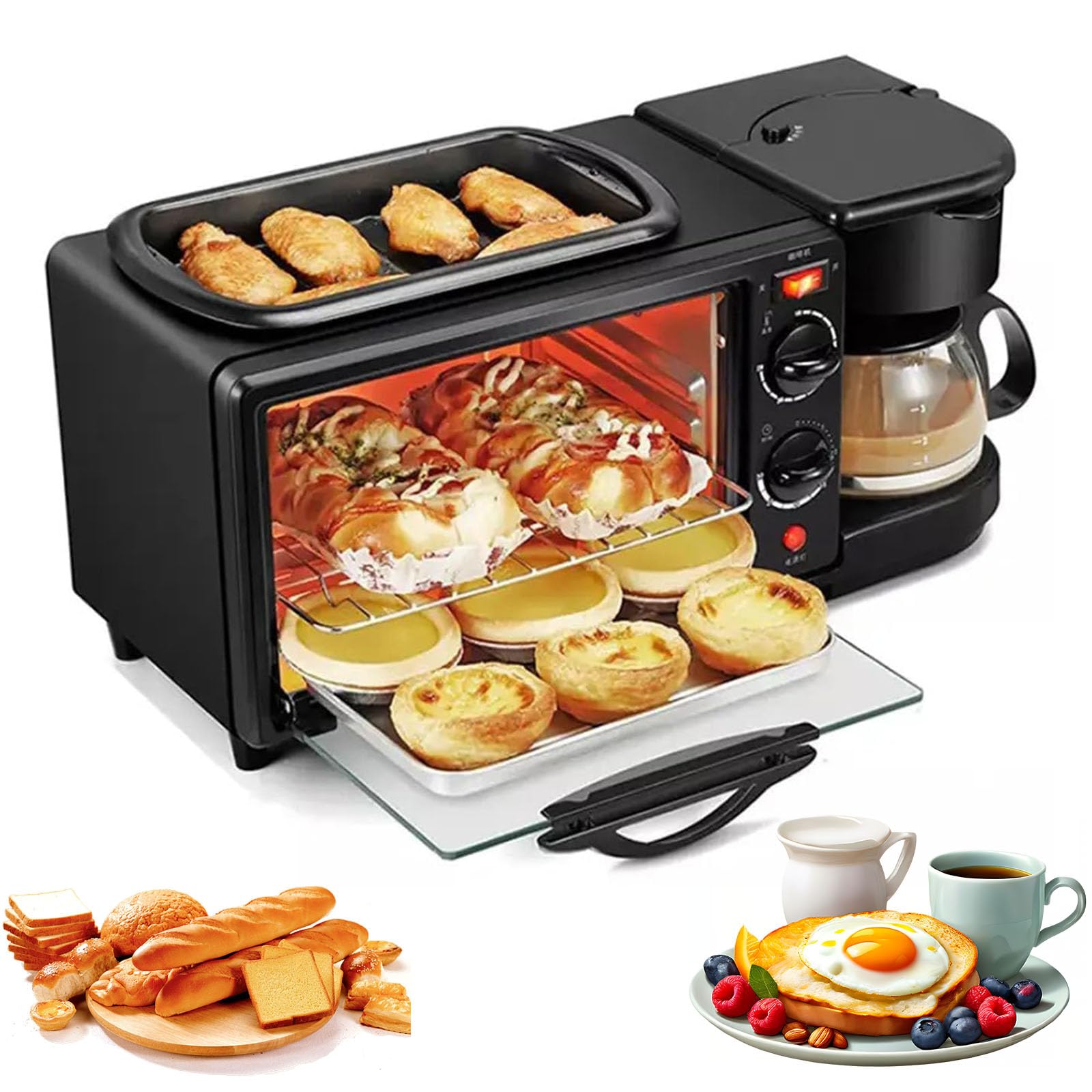 Stazione Colazione 3 in 1, Macchina per la Colazione Multifunzionale da 1250W con Forno Tostapane Antiaderente da 9L, Macchina da Caffè a Goccia e Padella per Piccola Cucina in Appartamento