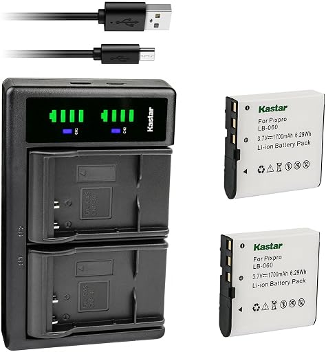 Kastar 2-Pack Battery and LTD2 USB Charger Replacement for Kodak LB-060 LB060 Battery, Kodak PixPro AZ525, PixPro AZ526, PixPro AZ527, PixPro AZ528 Digital Camera, Minolta MN53Z 16MP FHD Bridge Camera