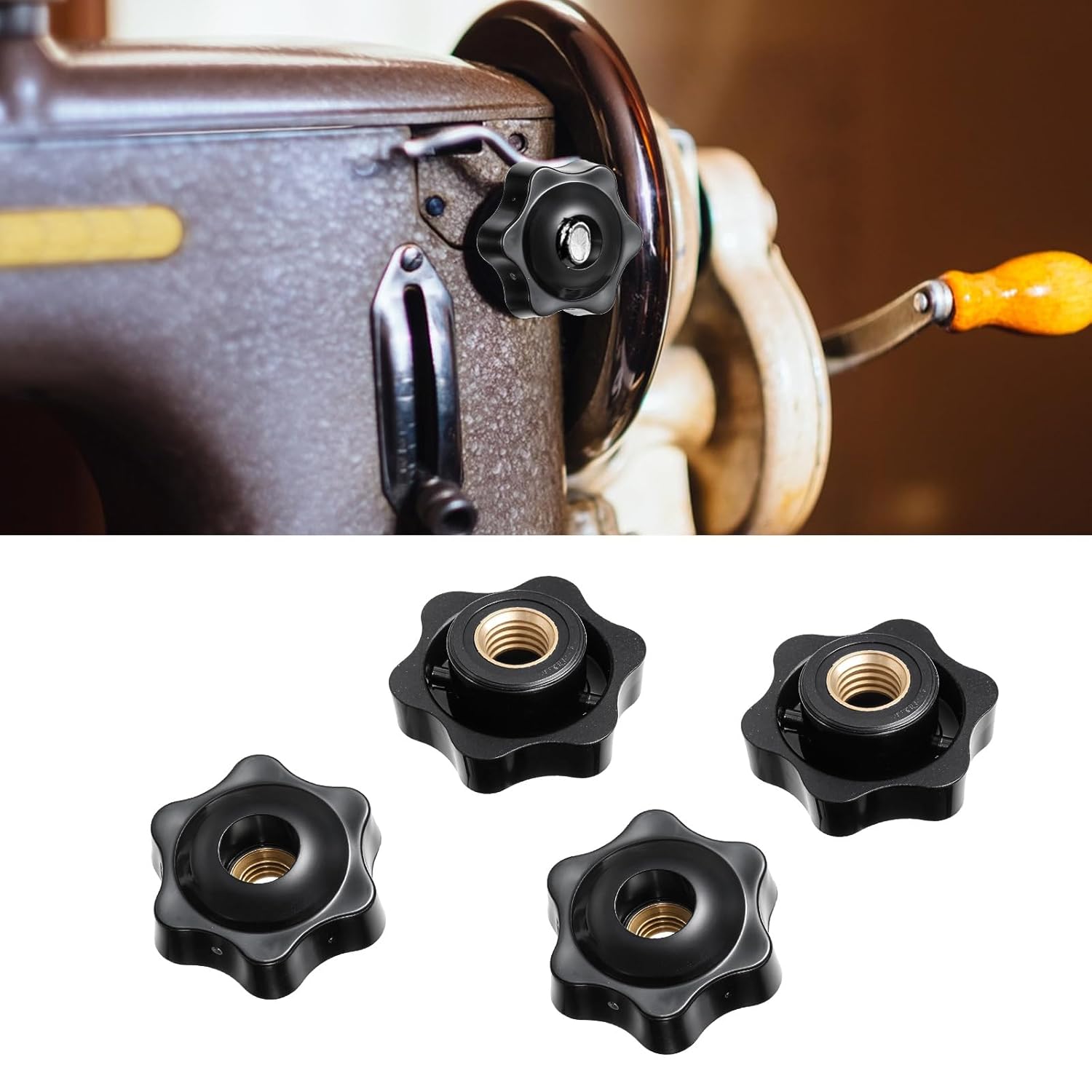 4 PCS 6 Star Knobs, Black Nylon Screw-On Type Thru Threaded Knob Nuts, M8 Hexagon Head Thru Knob, 6-Star Shape Hand Tighten Clamping Knobs for Mechanical Equipment