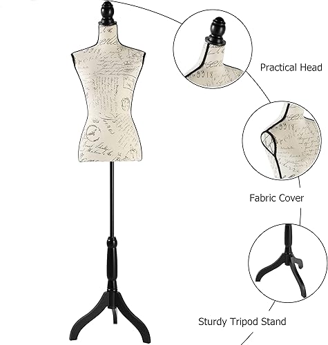 Miniatura 5 de Maniquí femenino con altura ajustable, cuerpo de maniquí con trípode negro para ropa, vestido de vestir, exhibición de joyas (impresión beige)