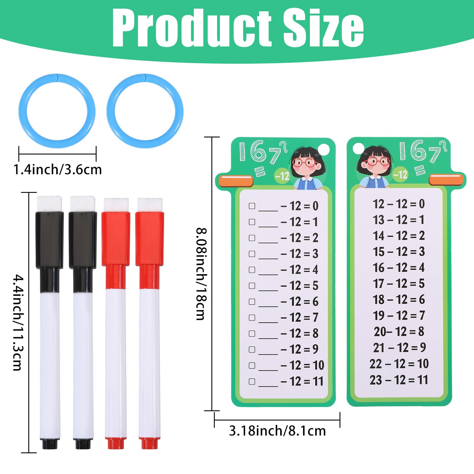 beinkmake 30Pcs Addition and Subtraction Flash Cards Time Table Flash Cards Reusable Math Flashcards with 4 Dry Erase Pens 2 Rings Self Check Classroom Home Learning Aids Number for Grades 1 to 3 - Image 2