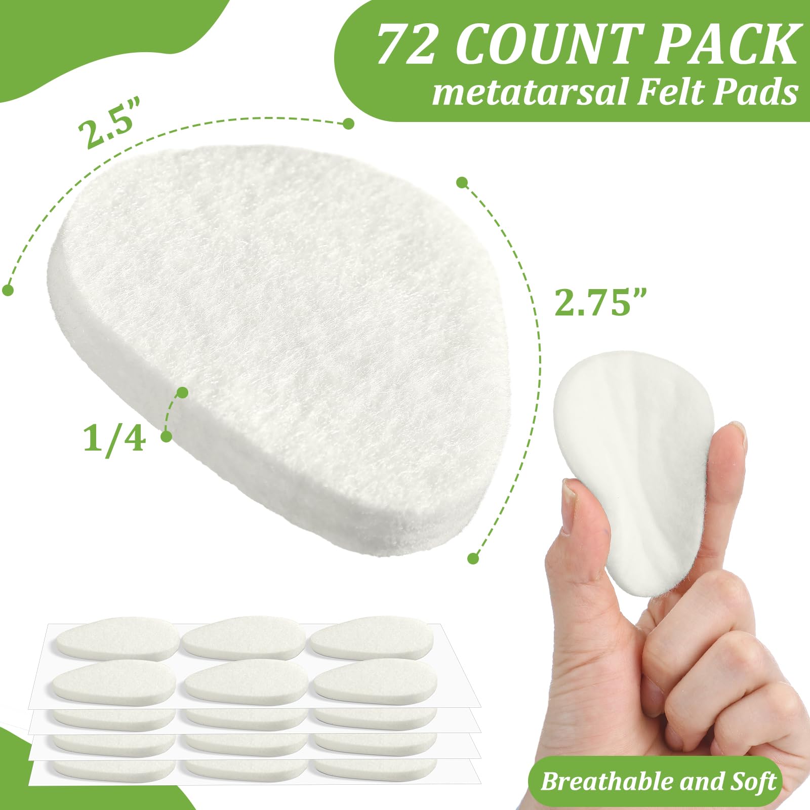 Cutecrop Paquete de 72 almohadillas metatarsianas para pies de 0.25 pulgadas de grosor, almohadillas adhesivas de fieltro suave para mujeres y hombres, soporte para el antepié y alivio del dolor