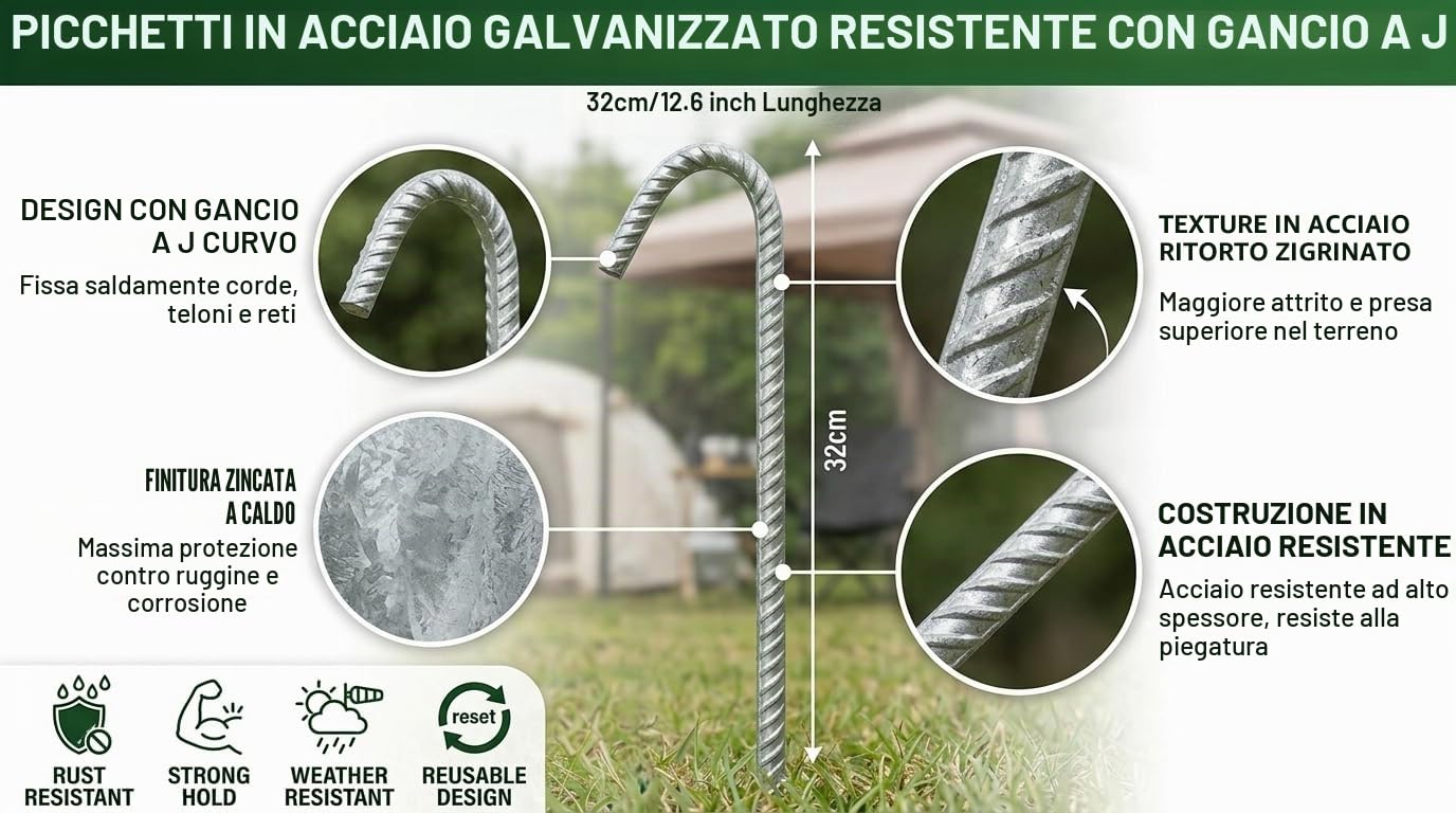 Picchetti per tenda zincati resistenti (zincati, 64 pezzi)