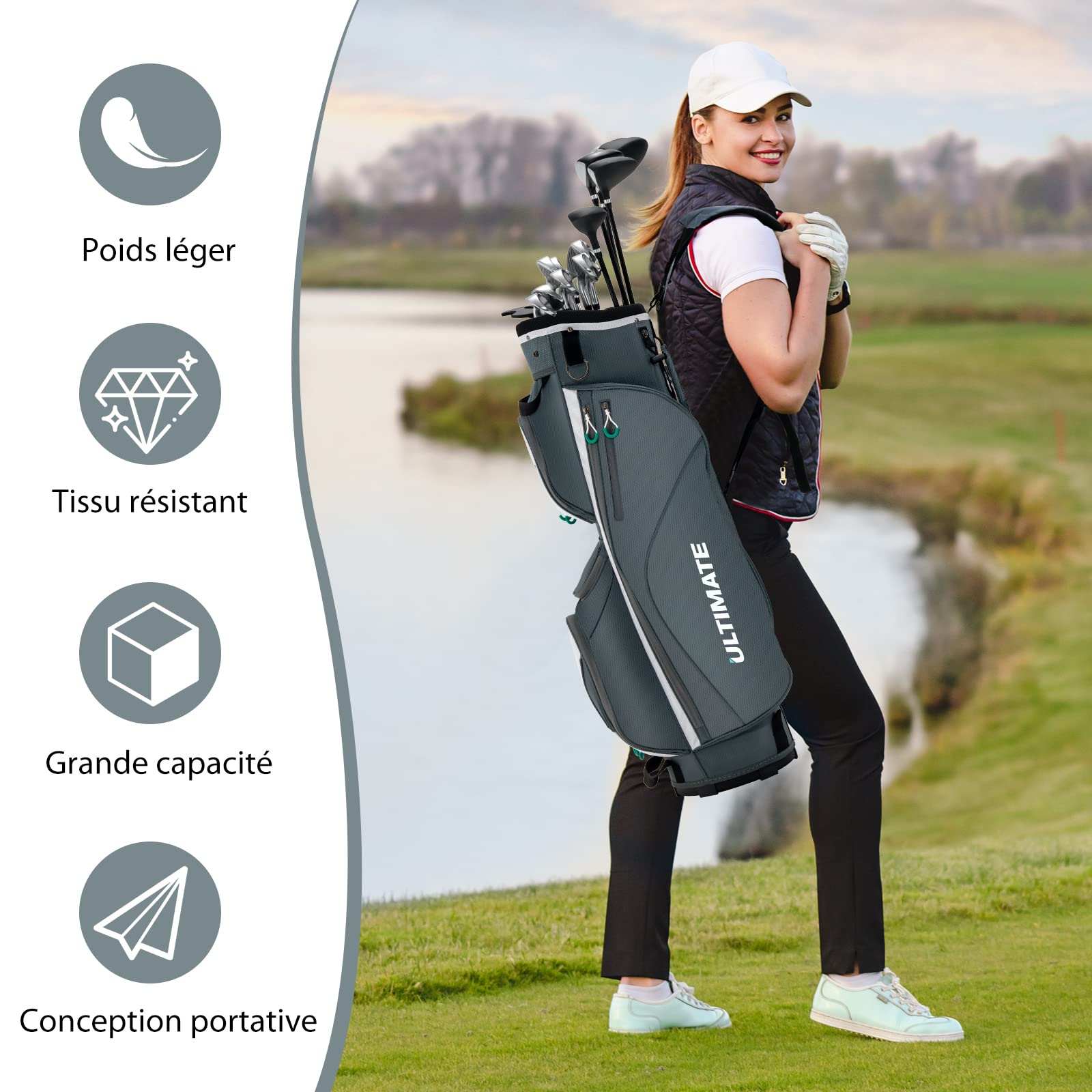 COSTWAY Sac de Golf Chariot Portable pour 14 Clubs avec 7 Poches Zippées et Capuche Anti-Pluie Bandoulière Poignée en PVC et Porte-Ombrelle