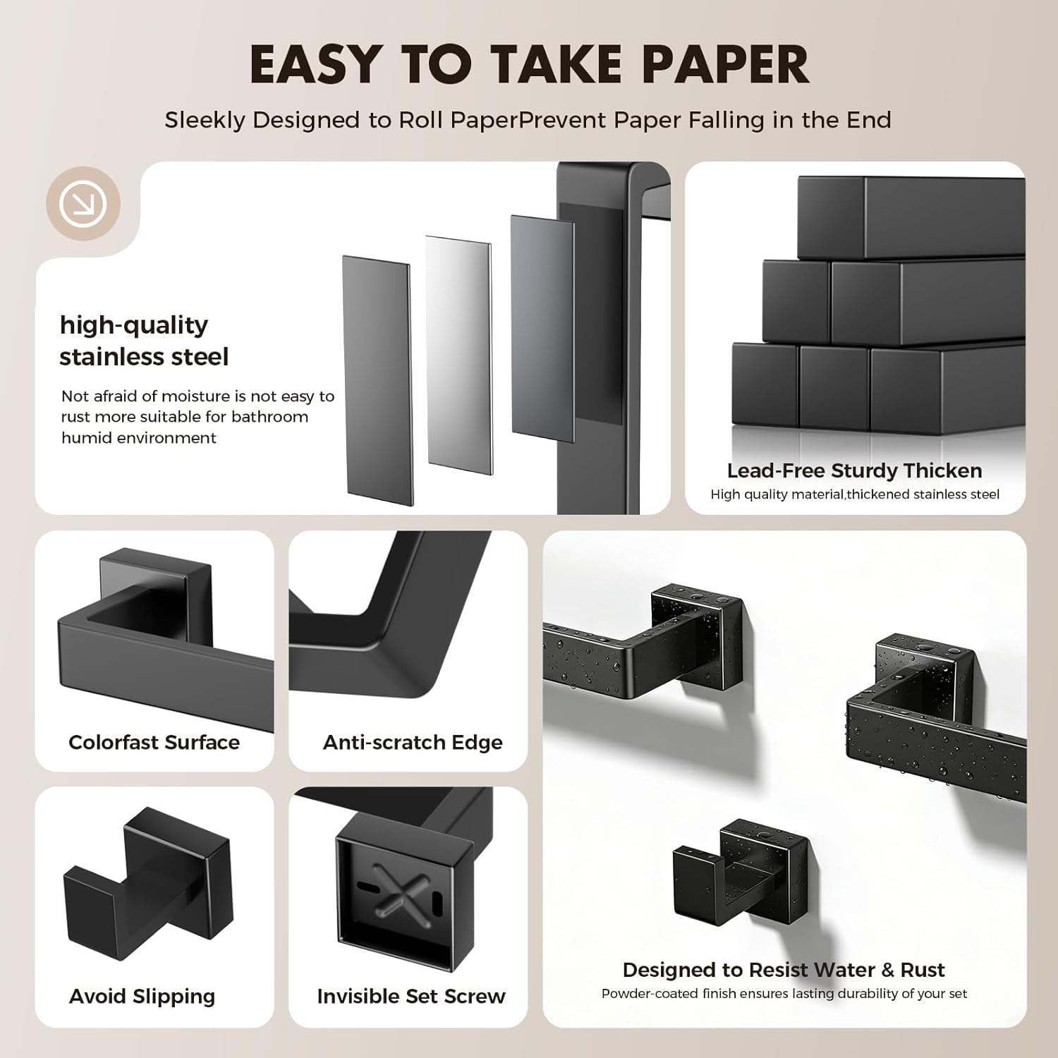 Bathroom Accessory Towel Bar Set: 5 Pieces Matte Black Square Bathroom Hardware SUS304 Stainless Steel - 24 Inch Wall Mounted Towel Rack&Toilet Paper Holder&Towel Ring and Towel Hook