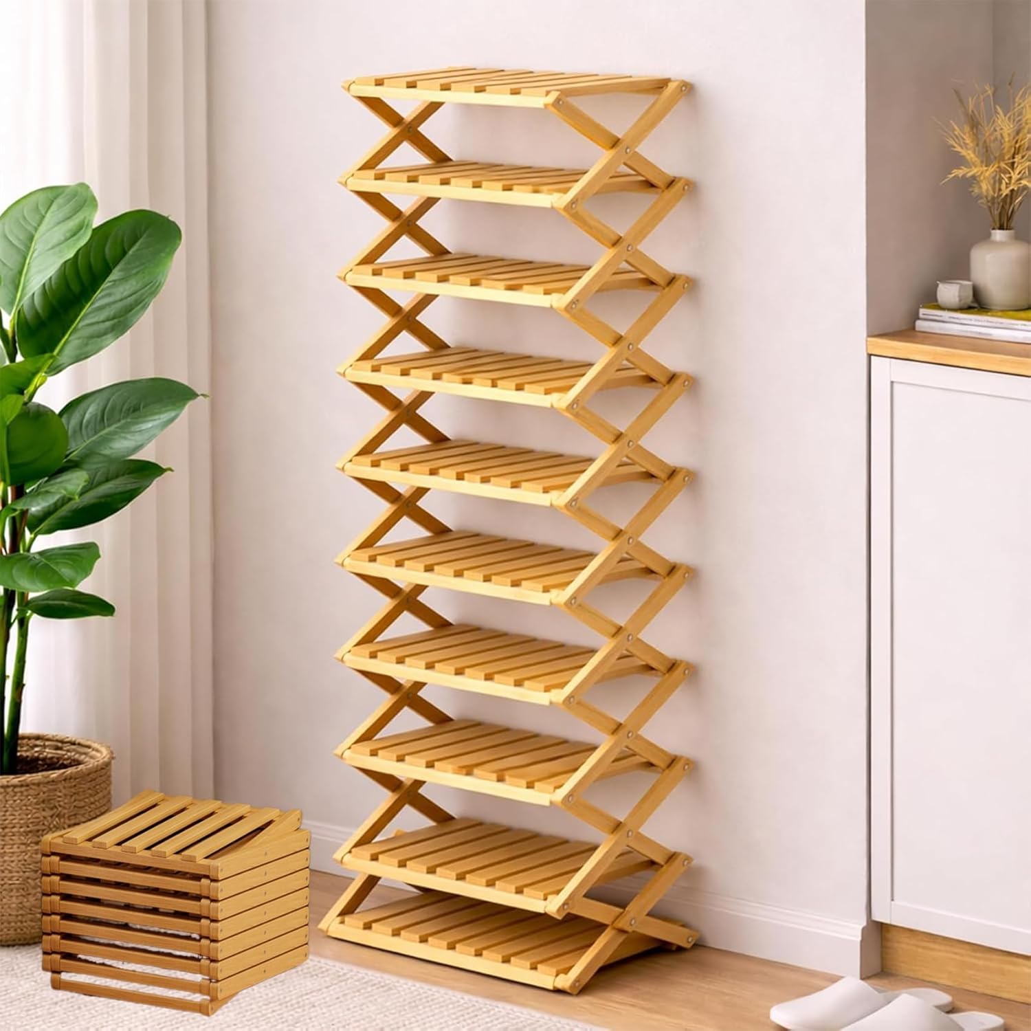 The 9-Tier No-Assembly Bamboo Rack(Foldable Storage), Bamboo Shoe Storage Rack, Space-Saving, Holds 14+ Pairs, pace-Saving Narrow for Small Spaces (Brown, 7 Tier)