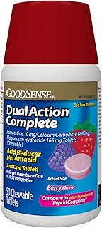 GoodSense Dual Action Complete, Chewable Acid Reducer and Antacid Tablets, Berry Flavor; Helps to Relieve Heartburn Due to Acid Indigestion, 50 Count