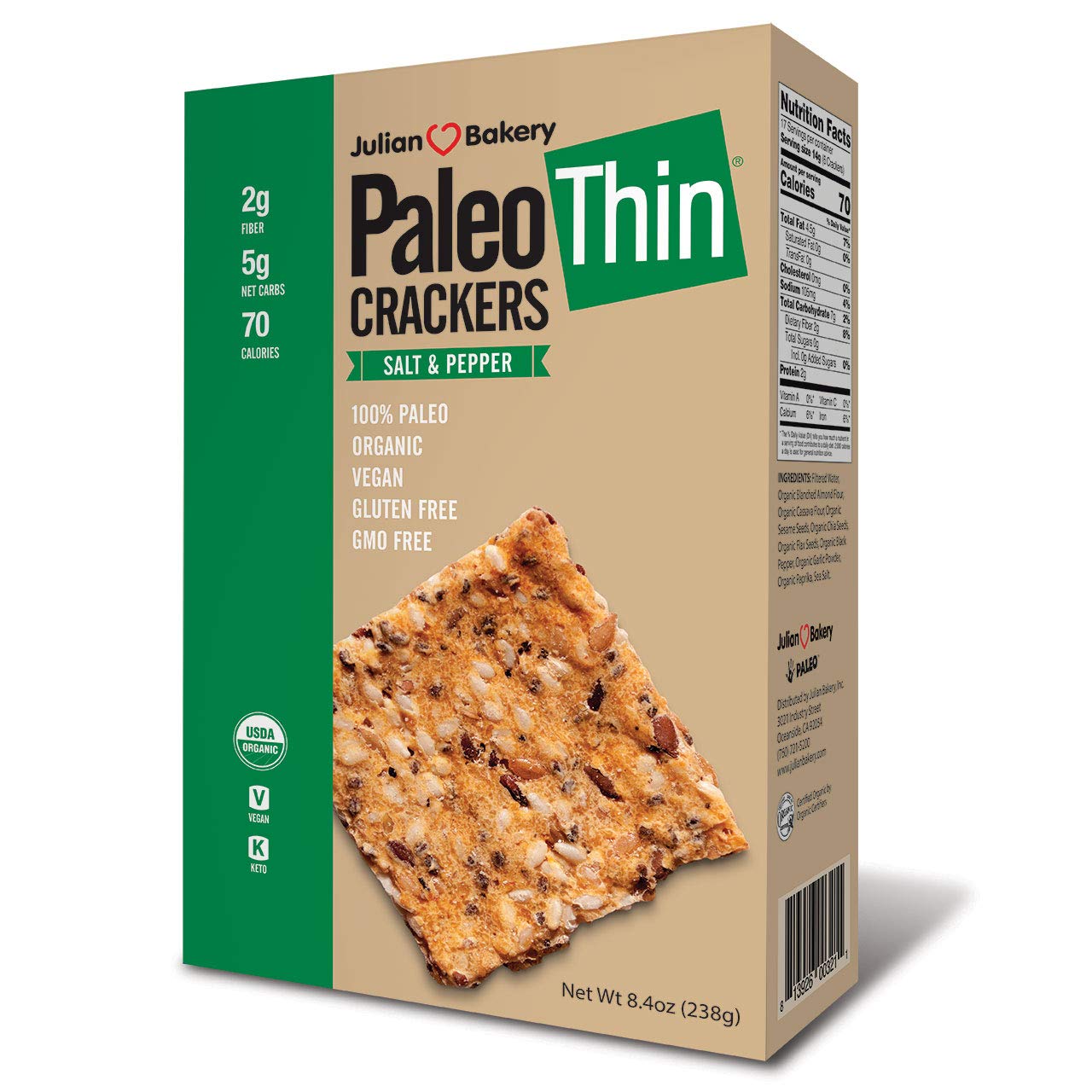 Julian BakeryPaleo Thin Crackers | Salt & Pepper | USDA Organic | Gluten-Free | Grain-Free | GMO Free | Low Carb | 6 Pack