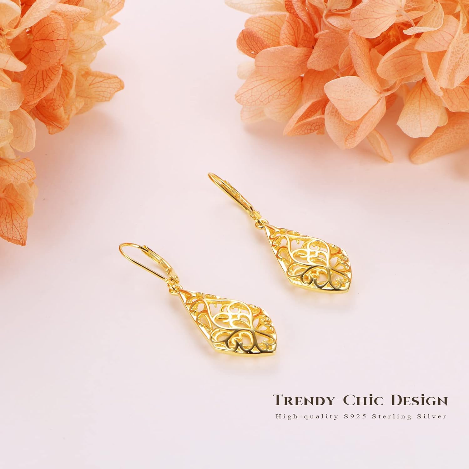 Sterling Silver Leverback Dangle Earrings for Women Teardrop Filigree 14K Gold Plated Dangly Earrings Mother’s Day Gift - Image 4