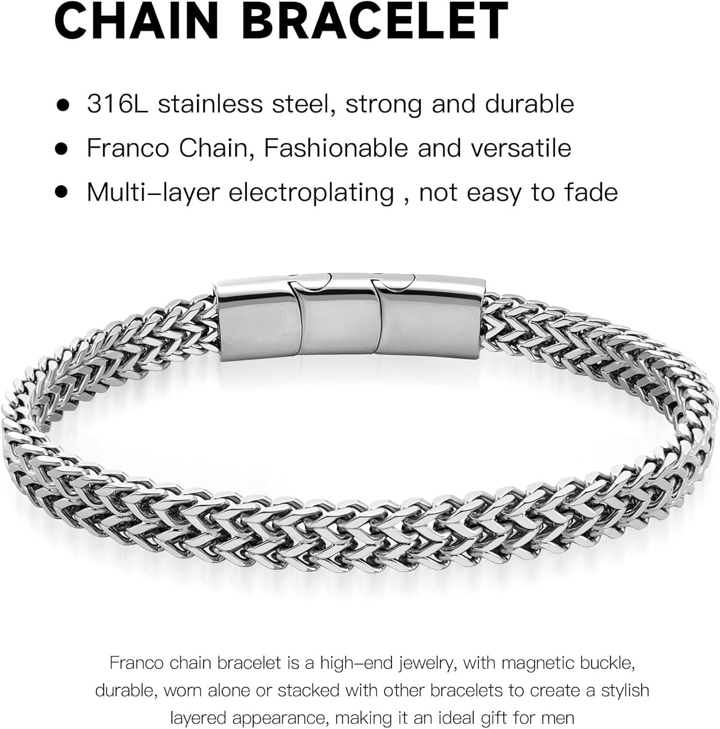 Stainless Steel Franco Chain Bracelets for Men - 6mm/8mm/10mm/12mm Width, 7.5"/8.3" Length, Black & 18K Metal, Durable and Adjustable Cuban Link Bracelet - Image 3