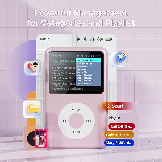 Mp3 Player with Bluetooth Y1 Portable Music Digital Players Supports Playlist Audiobook Video Nice Gadget for Kids Pink