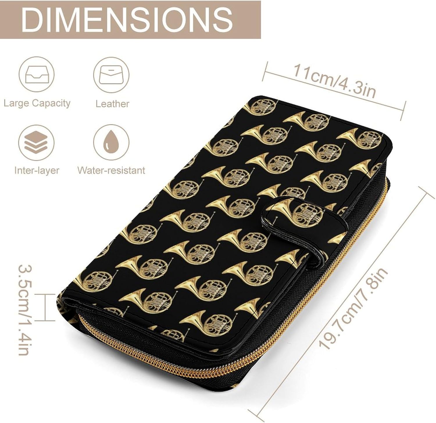 French Horns Golden Musical Instrument Black Portable Leather Multifunctional Wallet