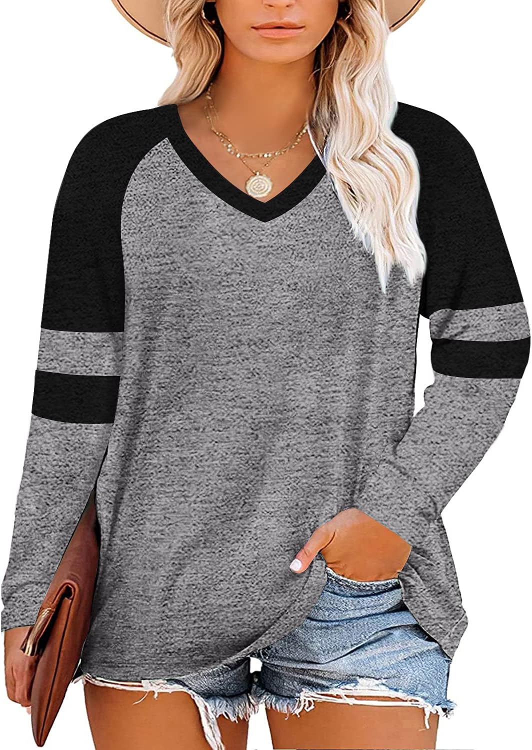 Haloumoning Women's Plus Size Tops Striped Long Sleeve V neck T Shirts Color Block Casual Tunics Tee Shirt