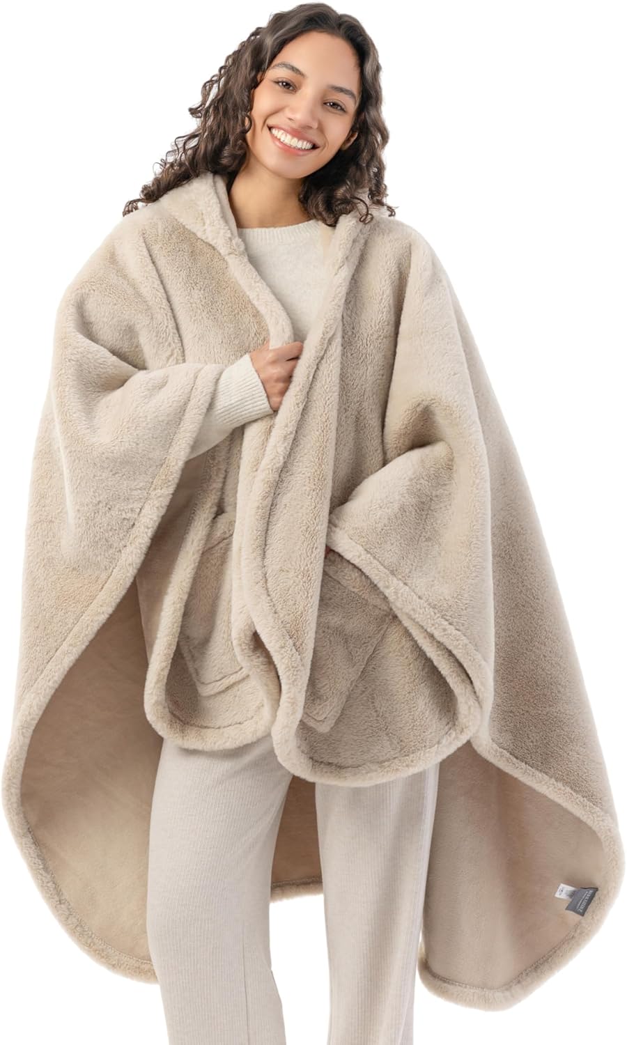 Berkshire Faux Fur Wearable Blanket, Cozy Reversible Loftmink Fleece Shawl with Hood & Side Pockets