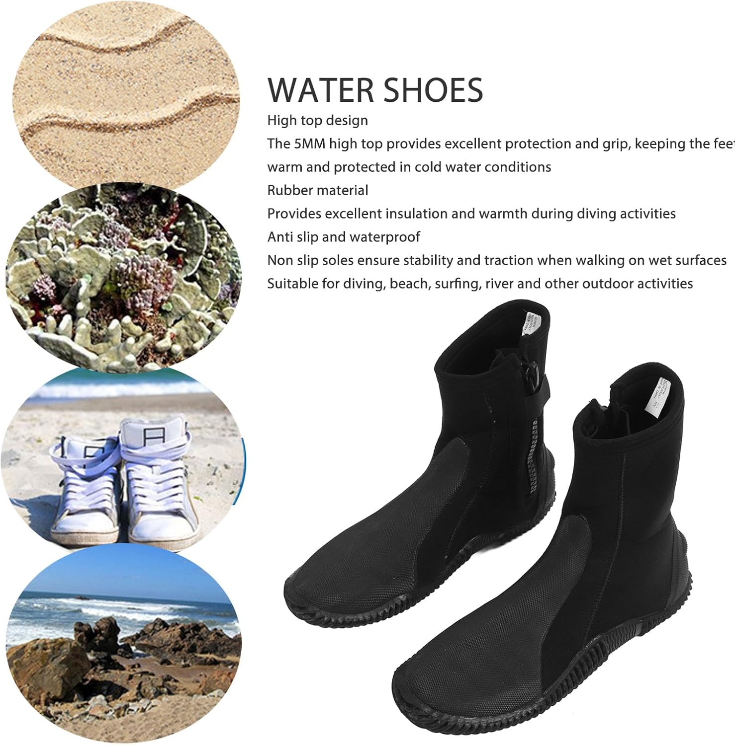Diving Boots, 1 Pair Water Shoes 5MM High Top Slip Snorkeling Boots Surfing Swimming Shoes for Beach Water Activities Black