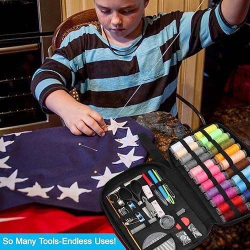 Miniatura 5 de Kit de costura portátil para manualidades, principiantes, viaje y arreglos de emergencia, en un estuche negro de calidad prémium