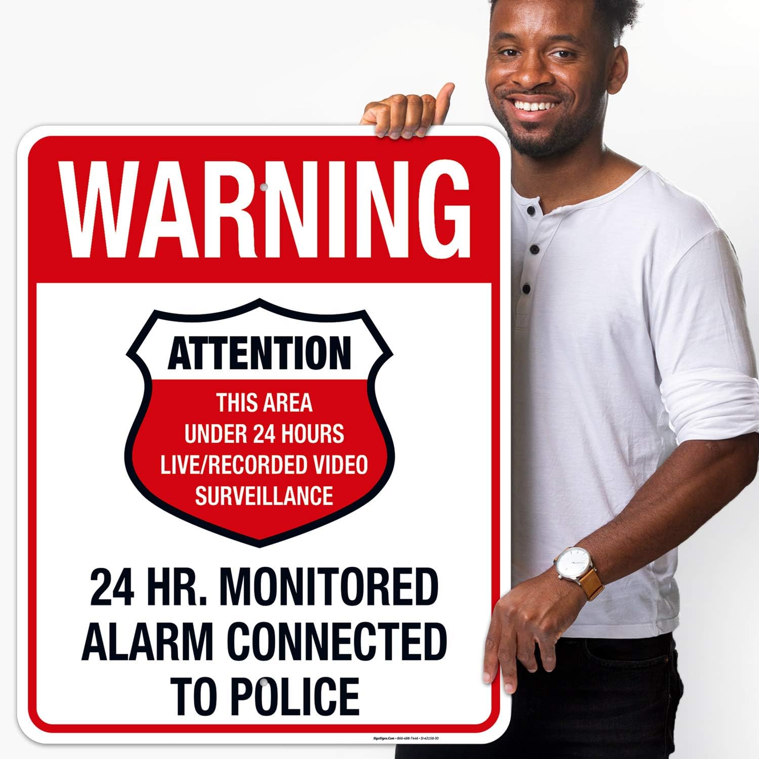 Video Surveillance Sign, Alarm Connected to Police Sign, 24x30 Inches, Rust Free .063 Aluminum, Fade Resistant, Indoor/Outdoor Use, Made in USA
