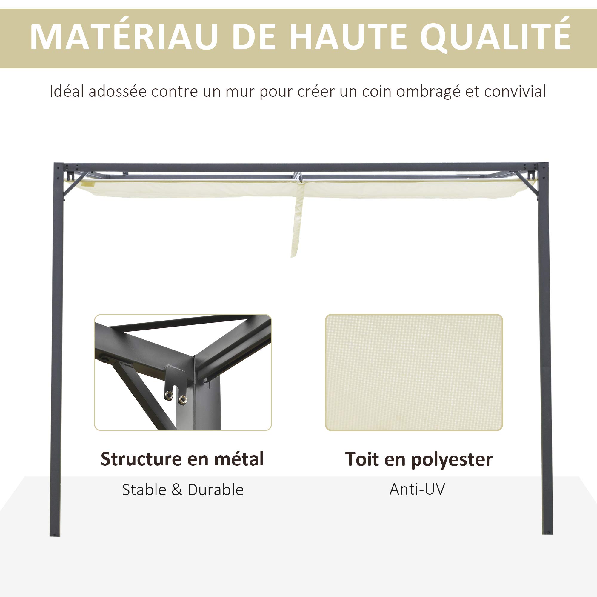 Outsunny Pergola adossable Retractable dim. 3L x 3l x 2,3H m pavillon de Jardin Toile Polyester Haute densité crème Structure métal époxy Gris