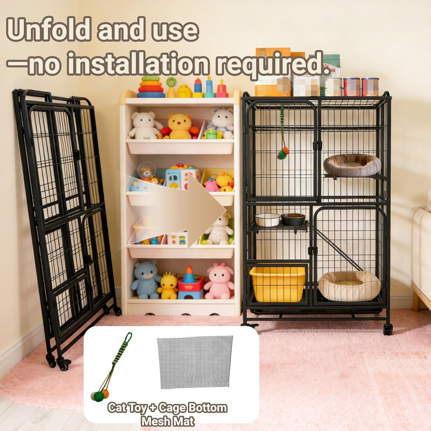 Multi-Tier Collapsible Cat Cage Crate, cat playpen for Indoor with 360° Wheels, Metal Wire Cat Kennel with Secure Lock, Large Ferret Playpen for Adult Cats Kitten Chinchilla (Black 4-Tier)