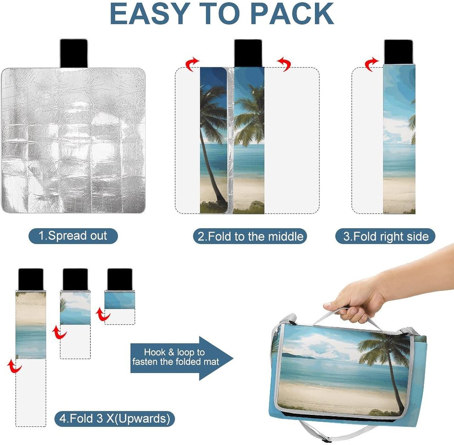 Beach and Palm Tree Waterproof Picnic Blanket 58.3''x58.3'',Portable and Foldable Picnic Mat with Handle,Outdoor Blankets for Lawn Park Beach Travel
