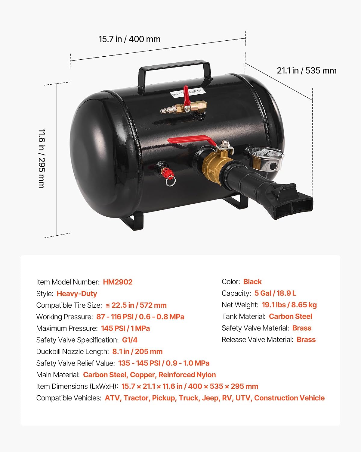 VEVOR Air Tire Bead Seater, 5 Gal / 18.9 L, Heavy Duty Tire Bead Blaster Tool, 87-116 PSI Operating Pressure, Air Trigger Seating Inflator for Pickup, Truck, ATV, Jeep, Van, Lawn Tractor, RV, Black