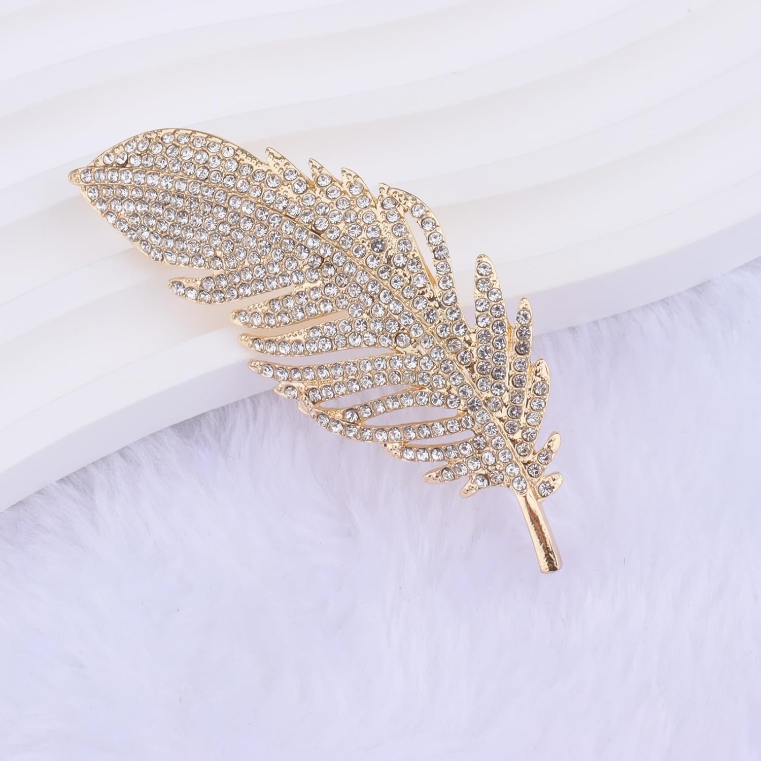 MLEPUS Rhinestone Feather Brooch Pin for Women Men Gold plated Fashion Vintage Crystal Delicate Leaf Animal Peacock Brooch Flip Pin Elegant Dress Accessories Wedding Christmas Birthday Jewelry Gift - Image 3
