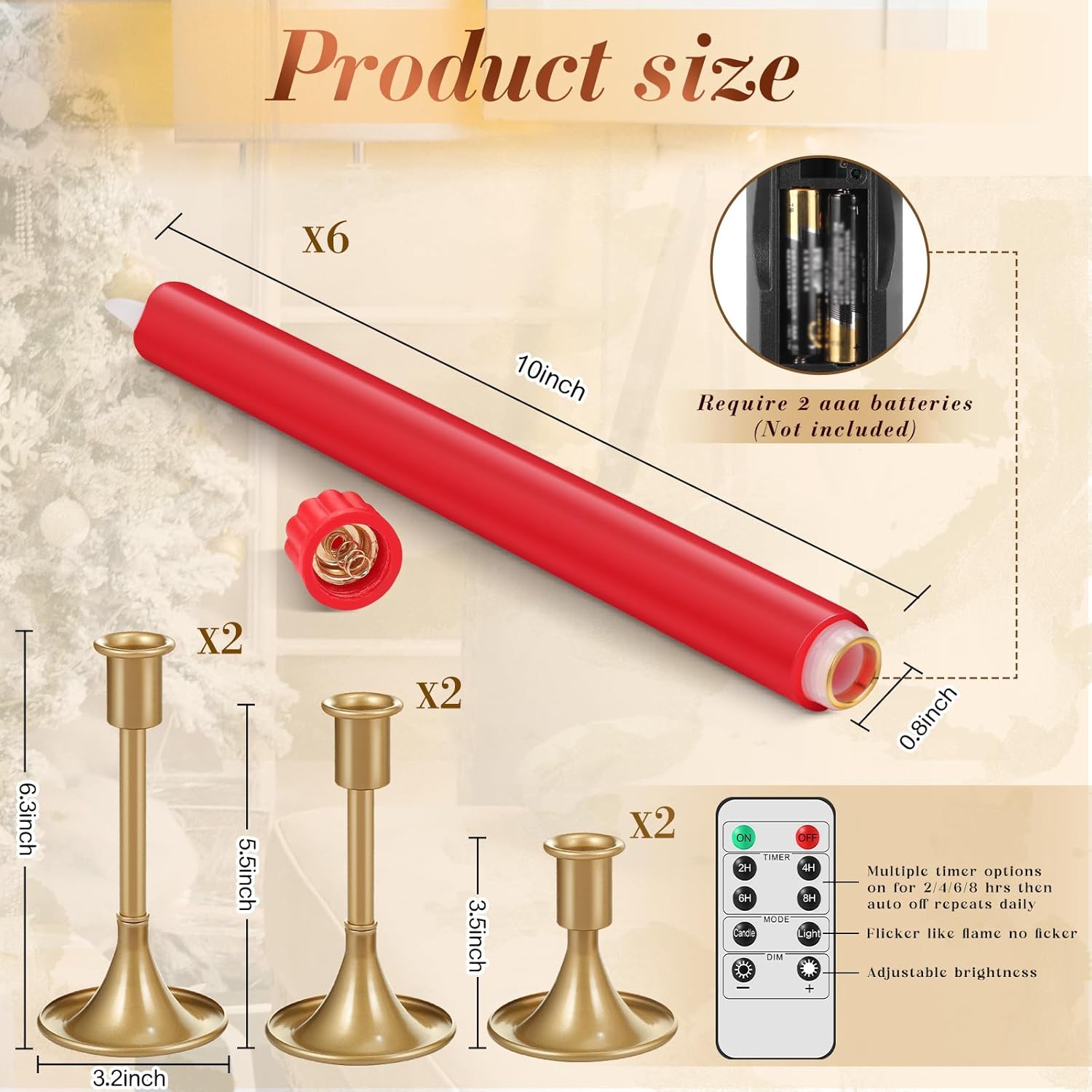 Retisee 6 Pack Taper Candles Holder Set, Candlestick Holders and 10 in Led Taper Candles with Remote Timer Flameless Candles for Holiday Wedding Table Decor(Red)