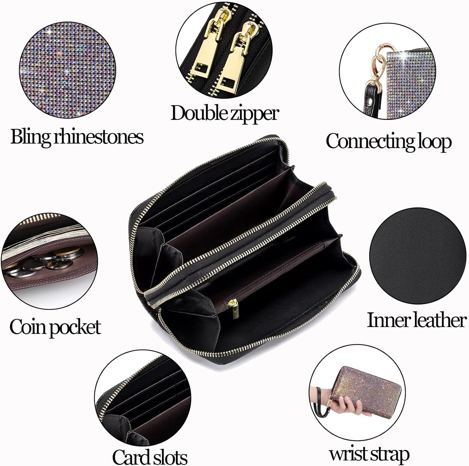 Women's Rhinestone Large Capacity Double Zipper Wristlet Clutch Purse Party Wallet Card Phone Holder