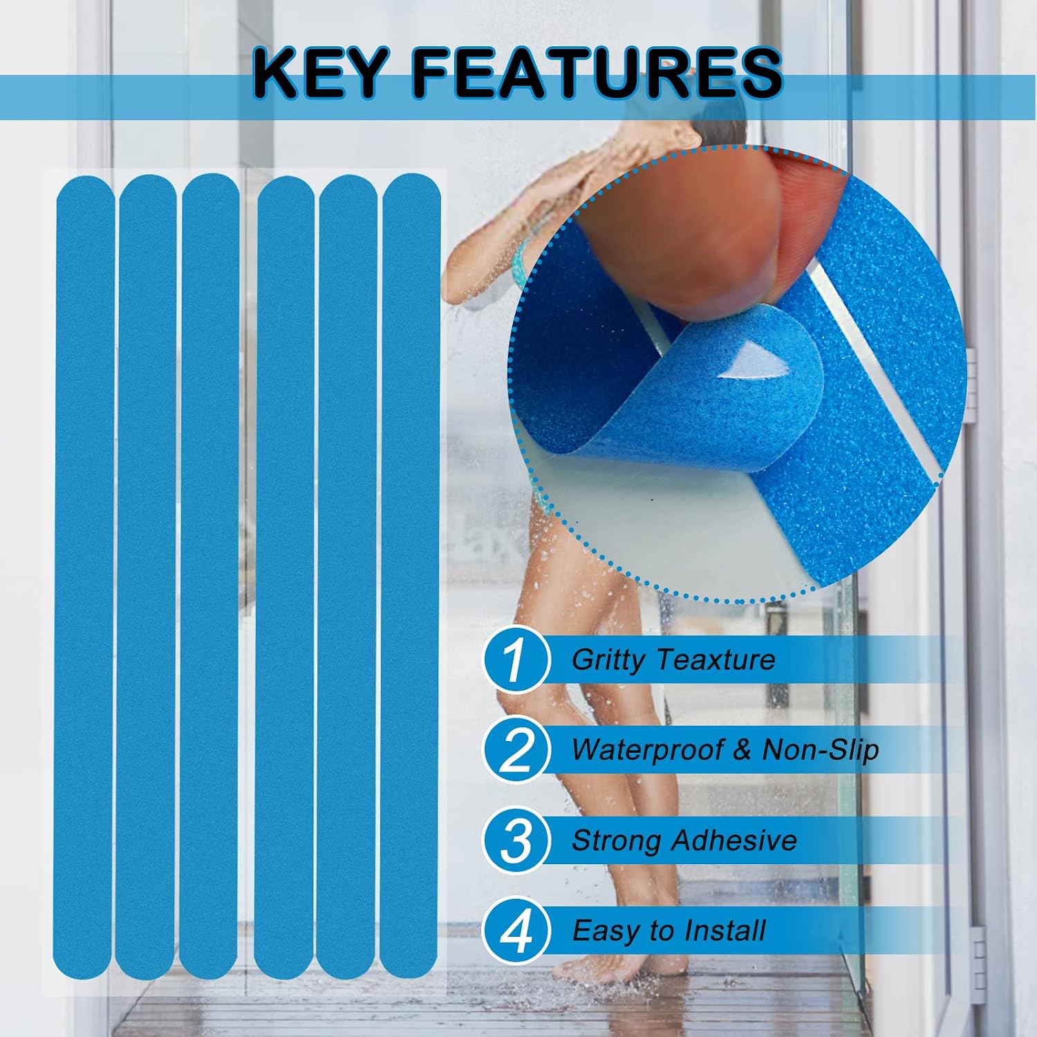 S&X Non Slip Bath Stickers,Gritty Textured Slip-Resistant Treads,0.75-Inch by 11-Inch,12 Strips Per Pack (Blue)