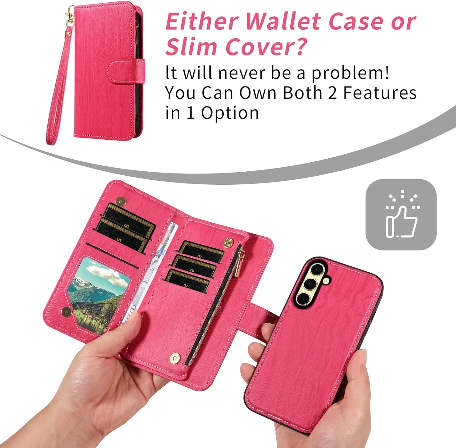 Asuwish Phone Case for Samsung Galaxy S24 FE 5G Zipper Wallet Magnetic Detachable Cell Cover with Tempered Glass Screen Protector Crossbody Lanyard Strap Card Holder S 24 EF S24FE 24S Women Rose Red