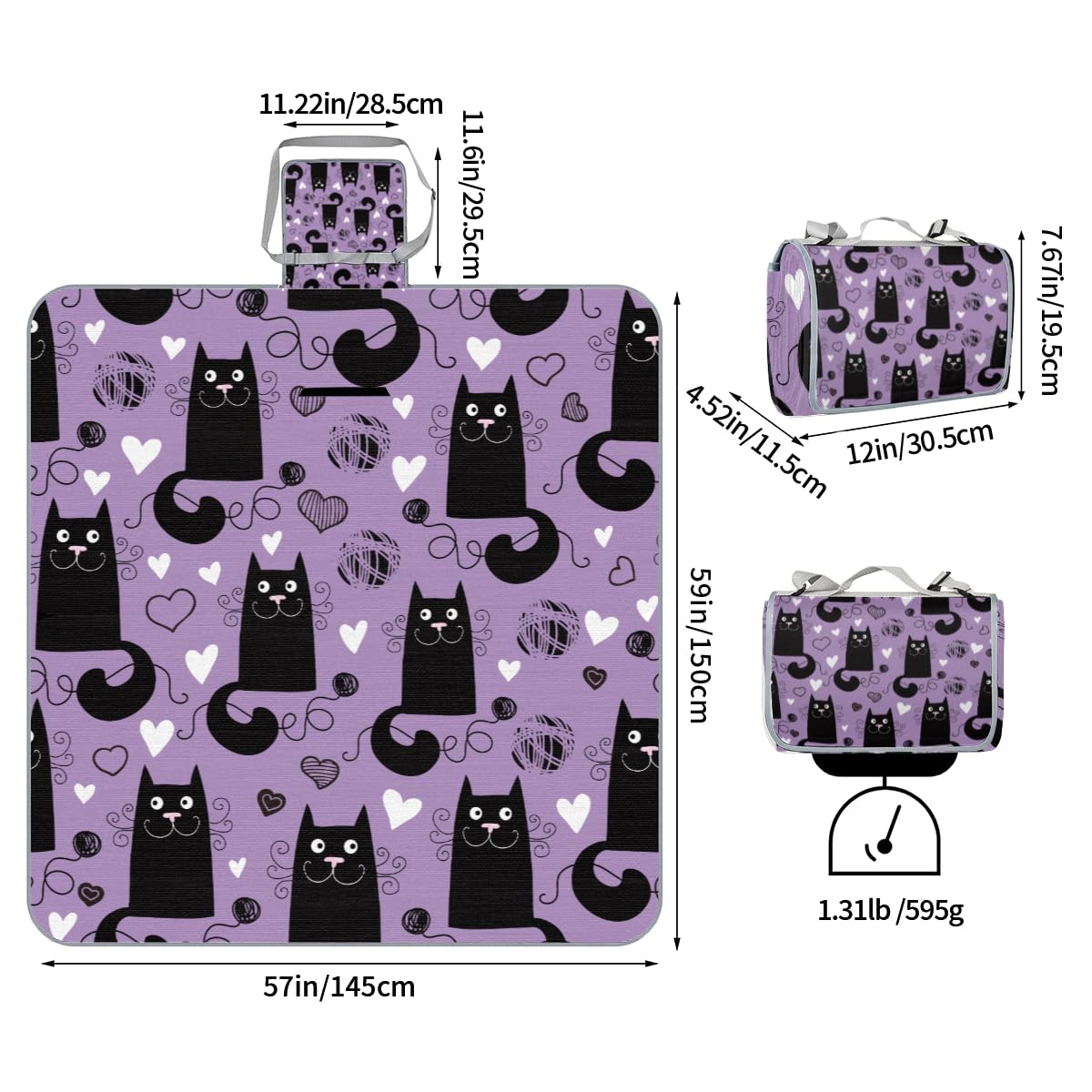 Shimoshe Picnic Blankets 57”x 59”, Lovely Black Cat Waterproof Sandproof Picnic Mat Lightweight Foldable Beach Blanket for Camping Park Grass Beach Outdoor Blanket