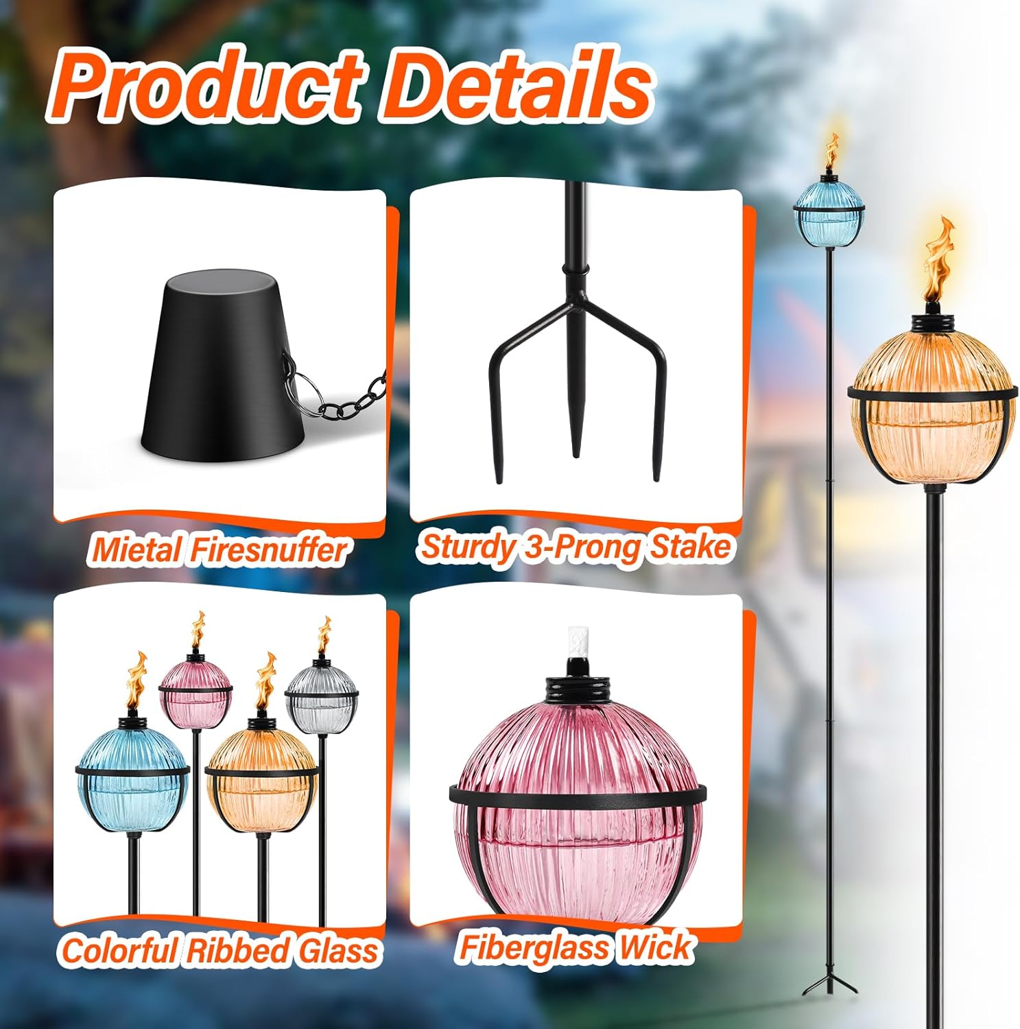 Citronella Torches Set of 4, Large Capacity 16 oz Outdoor Glass Torch Garden Décor，58.6 - Inch Upgraded Citronella Torches with 3-Prong Grounded Stake for Yard, Patio, Gatherin