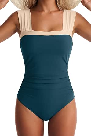 Women's Color Block One-Piece Swimsuit with Wide Straps