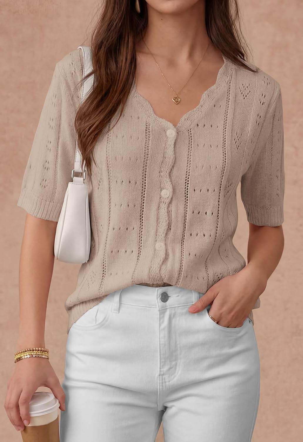 PRETTYGARDEN Womens Short Sleeve Crochet Knit Sweater Spring Fashion 2026 Button Down Lightweight Cardigans Summer Tops