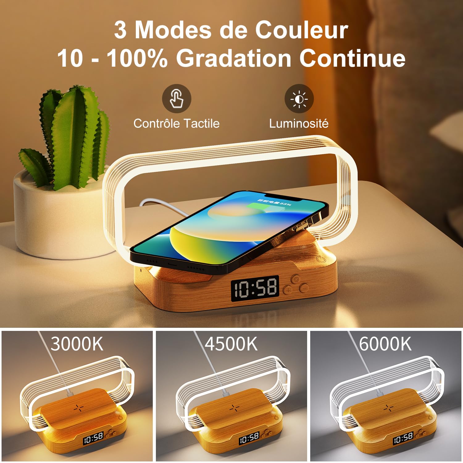Lampe De Chevet Tactile 3-en-1 Bois Bambou - Chargeur Sans Fil 10W, Horloge LED, Lumière 3 Températures & Gradation