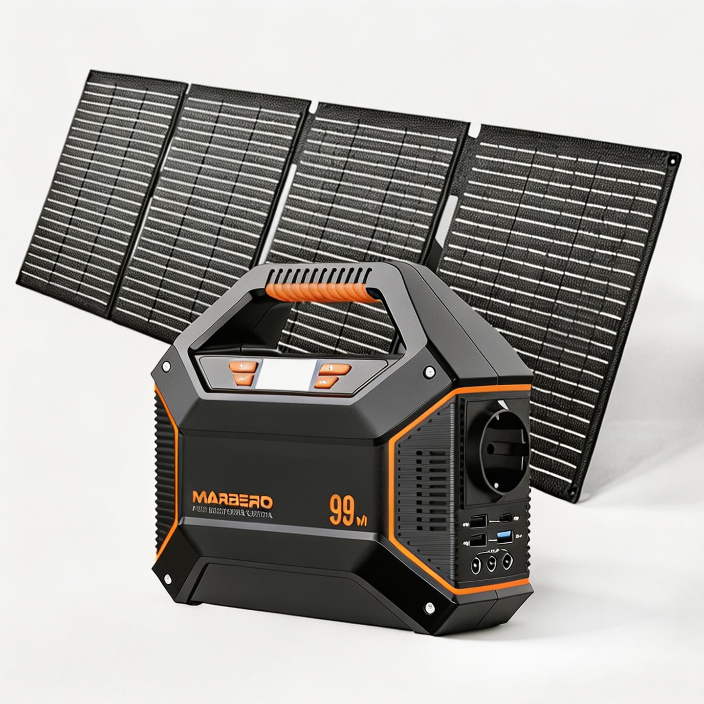MARBERO Tragbare Powerstation 99Wh/27000mAh mit 100W faltbarem Solarpanel IP68, 230V Steckdose, 150W AC, USB, DC, >22% Effizienz, LED-SOS – Solargenerator für Camping, Notfälle, Haushalt, Reisen, Wohn