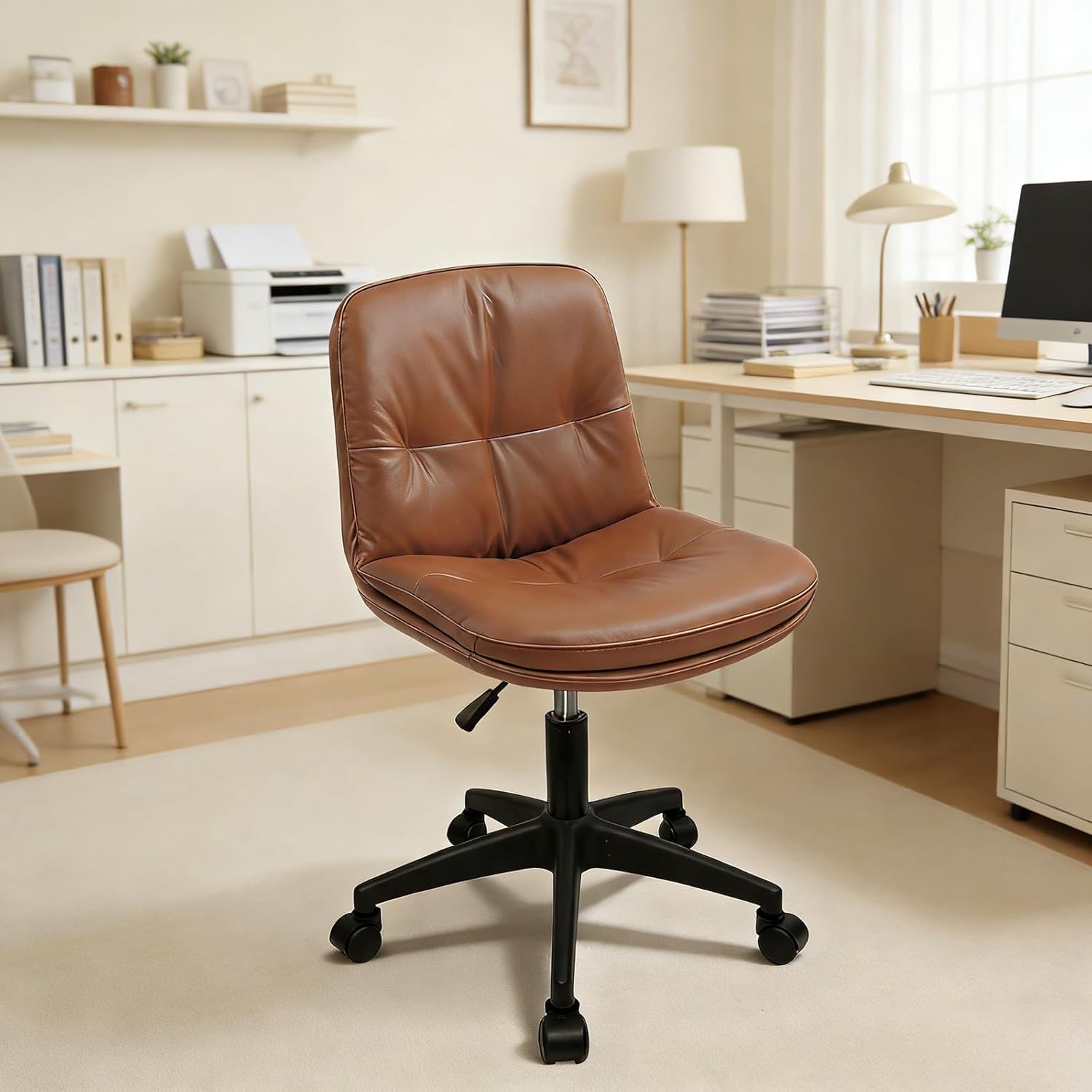 Office Chair, Ergonomic Desk Chair with Padded Cushion & Backrest, Adjustable Height & 360° Swivel, Armless Task Chair for Home Office, Computer Desk & Vanity Brown