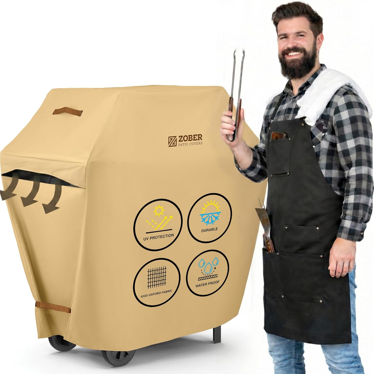 ZOBER Heavy Duty BBQ Grill Cover - 58 Inch Waterproof Double Layered Fits Weber Gas Grill Cover Charbroil Grill & Smoker - Gas Grill Covers w/Air Vents, Dual Handles - 600D Oxford Fabric, Mustard