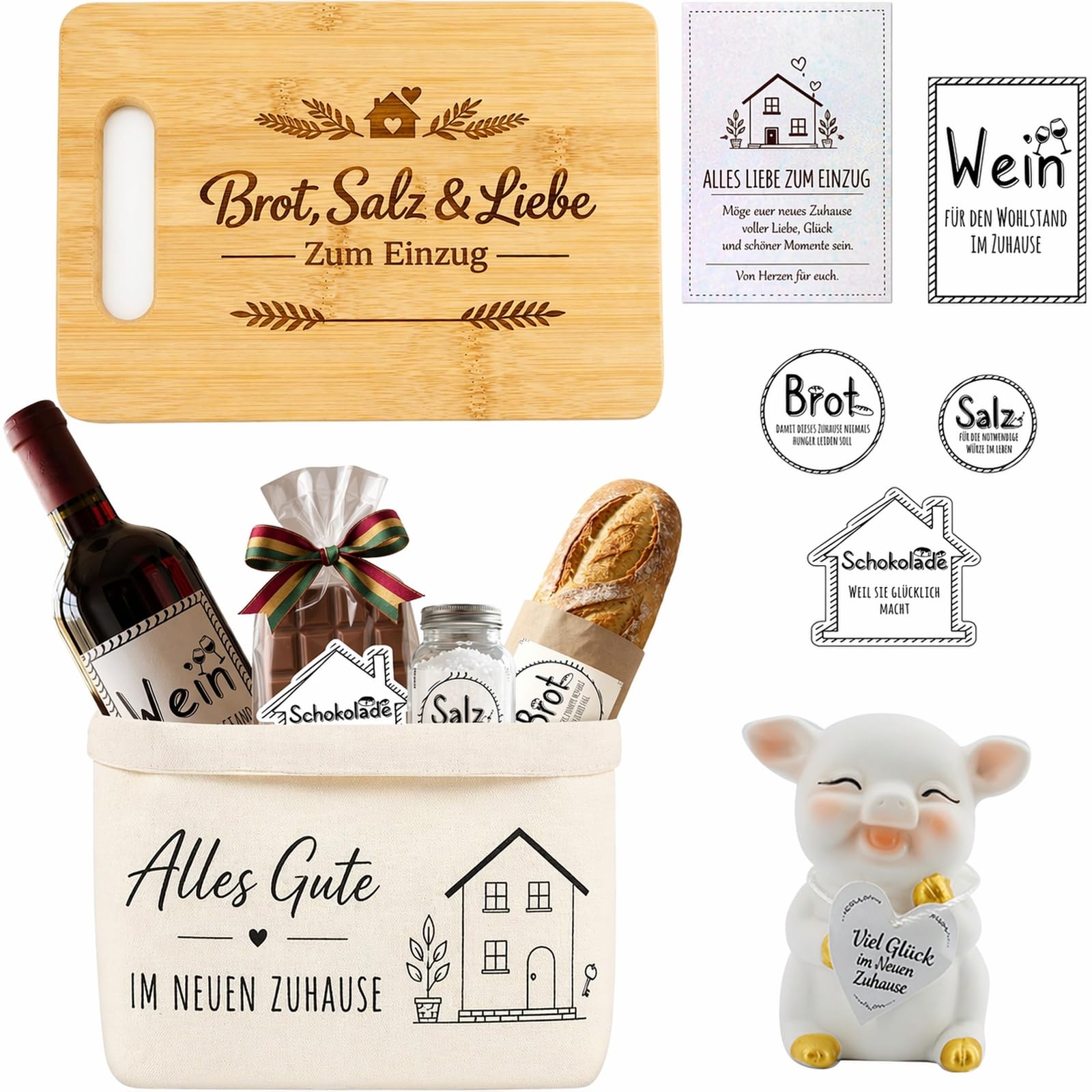 Geschenk zum Einzug Brot und Salz Set – Edles Einzugsgeschenk für Haus & Wohnung mit Bambusbrett, Brotkorb & Keramik-Glücksschwein – Inkl. Grußkarte – Geschenk für Hausbau