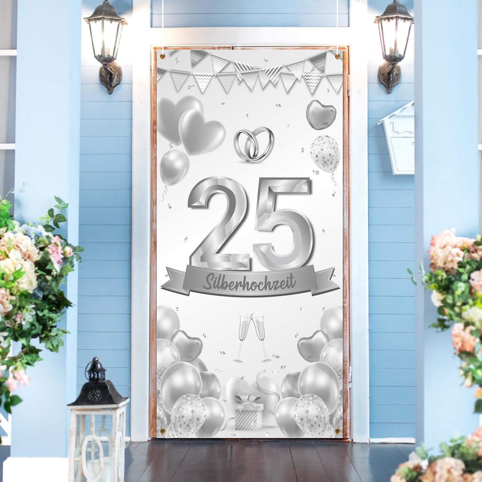 MONCAP Pancarta decorativa para bodas de plata, 90 x 180 cm, 25 pancartas plateadas para boda, 25 aniversario de boda, decoración de bodas de plata, fondo para 25 bodas y aniversarios