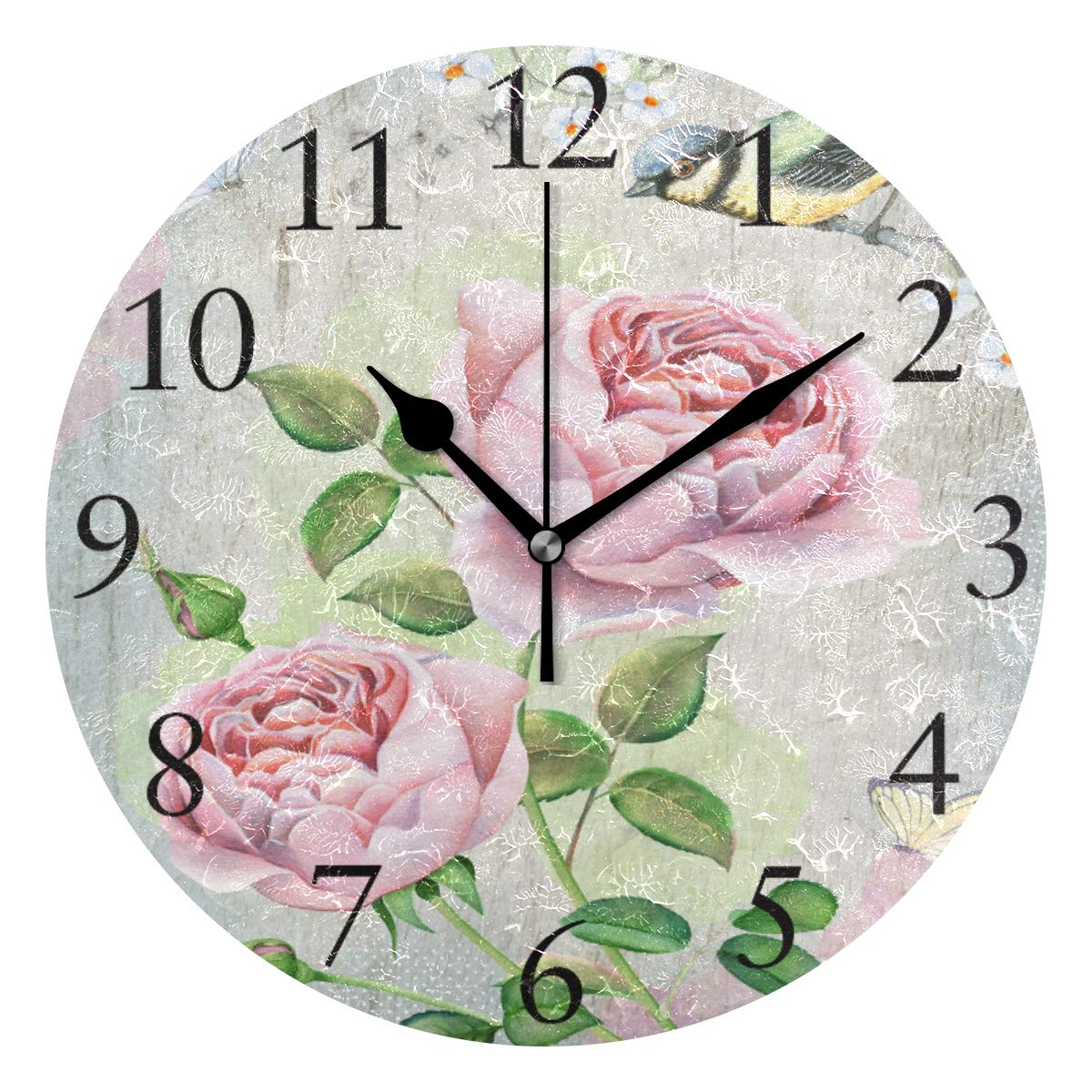 Pendule murale moderne silencieuse 25cm horloge murale roses vintage oiseau