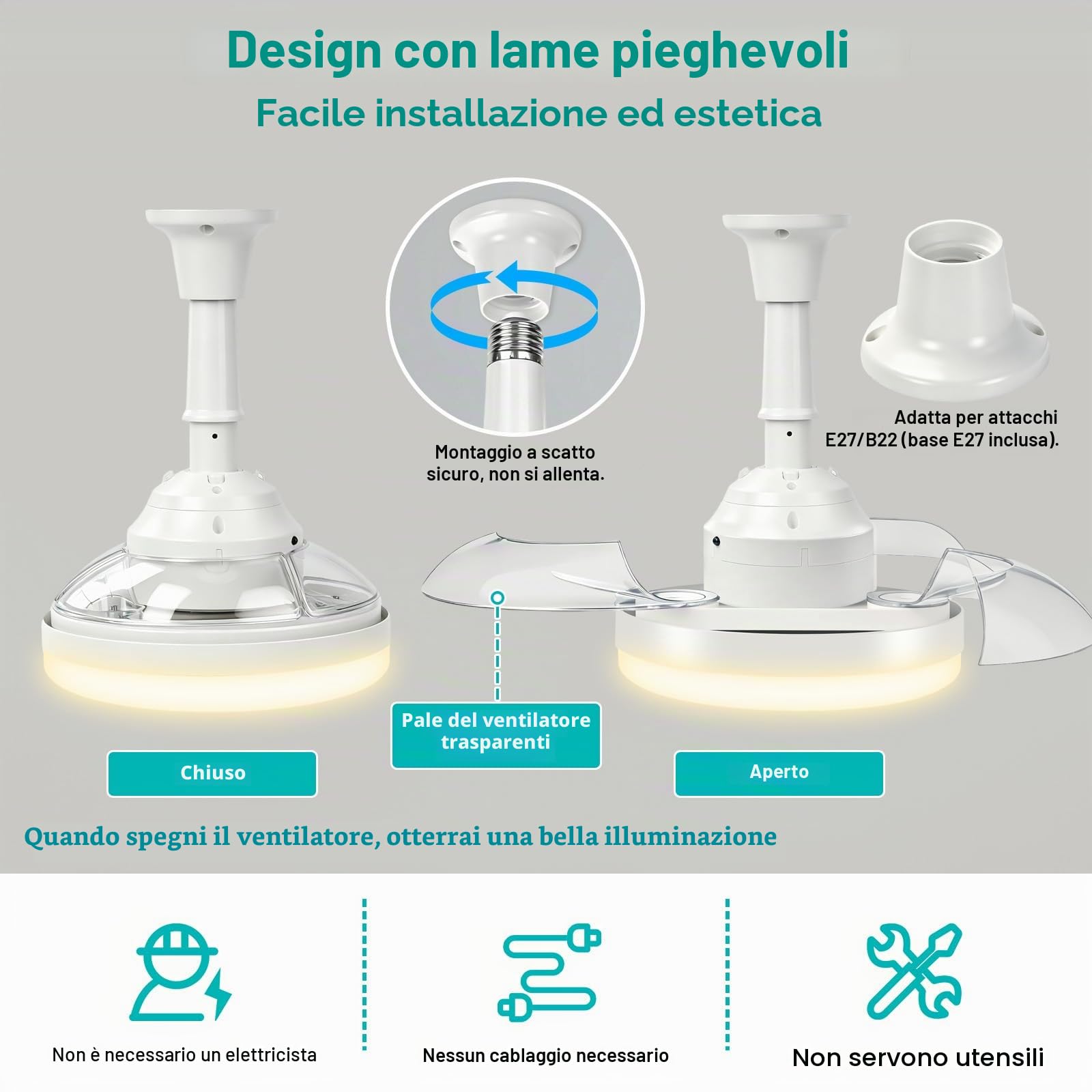 Herefun Ventilatore da Soffitto con Luce, 43CM Lampadario con Ventola pieghevole, E27 Silenziosa Plafoniera Led Soffitto Ventilatore con Telecomando, 3 Pale Nascoste, Memoria, Tempistica