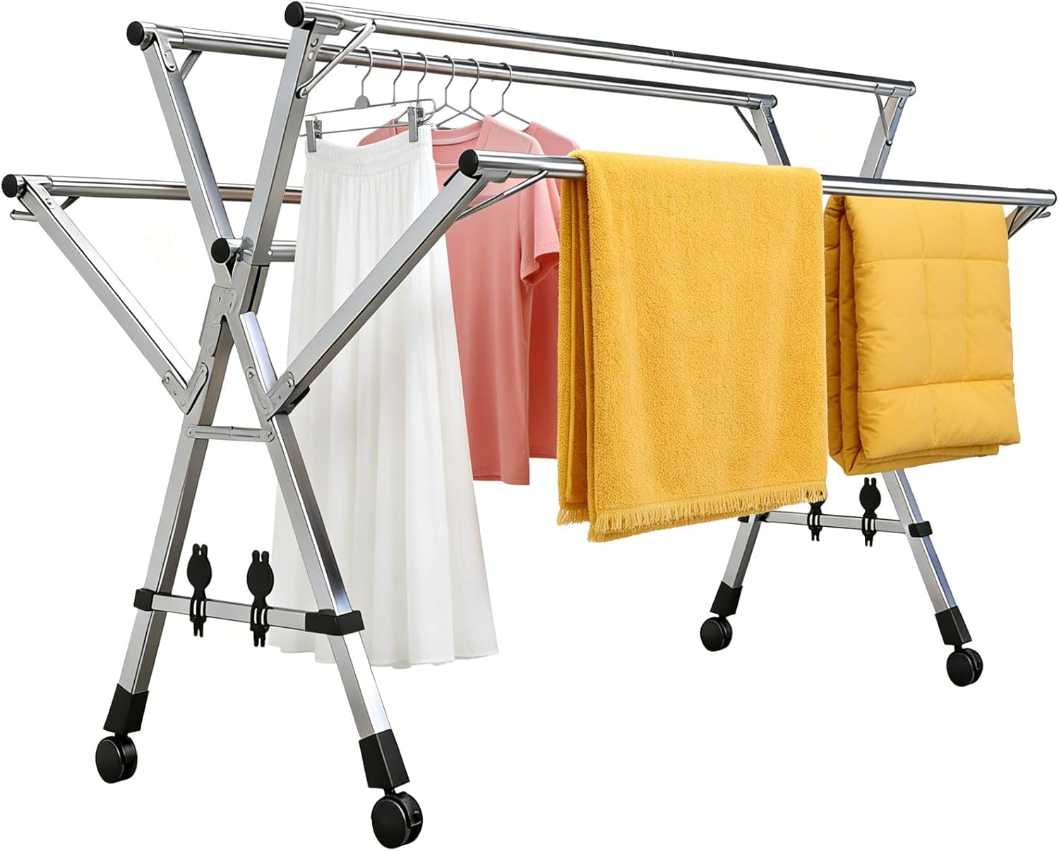 HUHJYUGE Foldable Portable Laundry Drying Rack, Heavy Duty Stainless Steel Clothes Drying Rack, Retractable Garment Drying Stand with Wheels and Windproof Hooks (200cm/78.7inch)