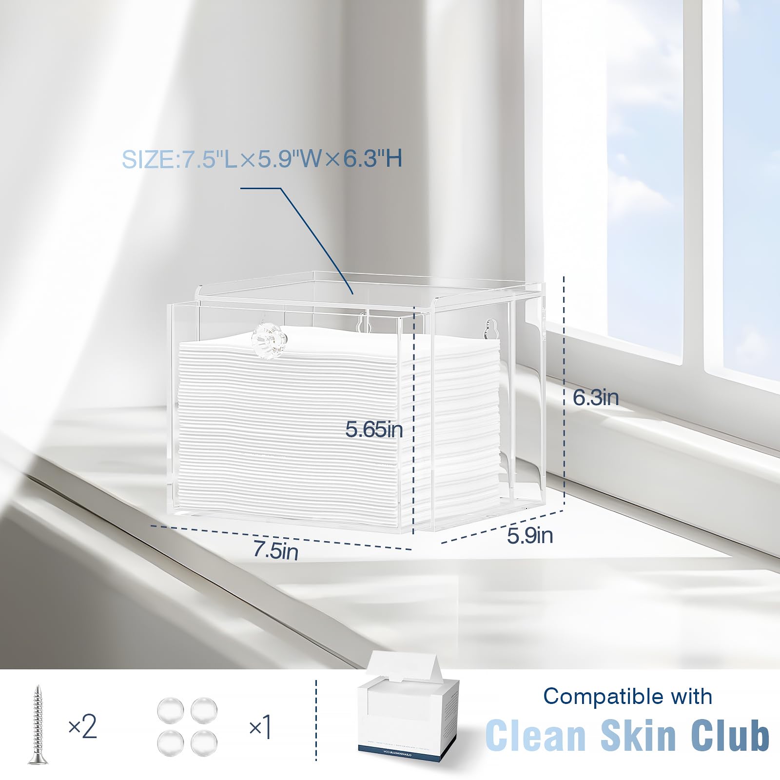 Caja desechable para toallas faciales con cajón, contenedores de almacenamiento acrílicos compatibles con toallas faciales limpias Clean Skin Club, organizador de maquillaje transparente para