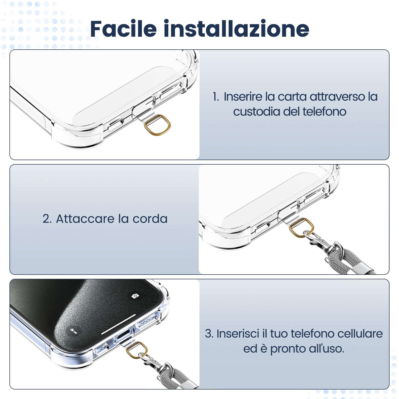 caslord Cordino per Cellulare*1, Trasparente Patch Universali*2, Adatto a Tutti Gli Smartphone, Cinturino per Cellulare Abbinabile a Qualsiasi Custodia, Regolabile e Rimovibile - Grigio chiaro