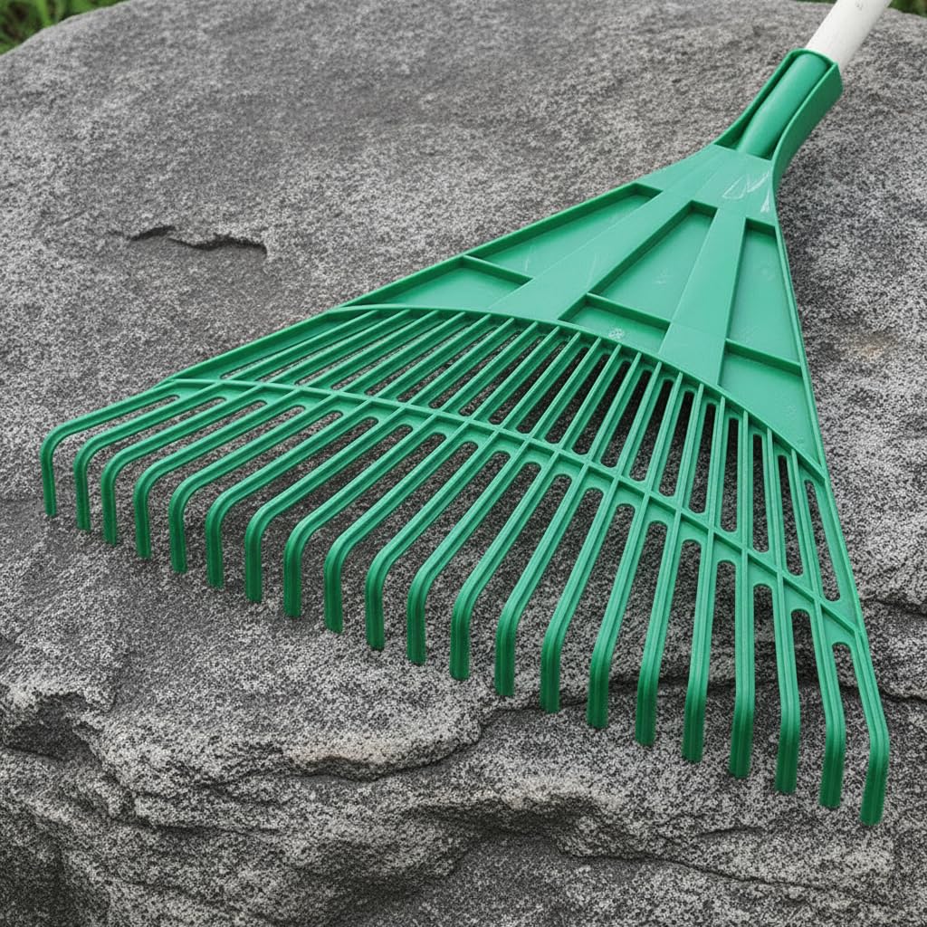 Harilla Râteau Agricole avec Manche en Bois pour Jardinage à Feuilles Mortes à Semis à Terre Outil , Râteau en Plastique Vert de 22 Dents avec Manche