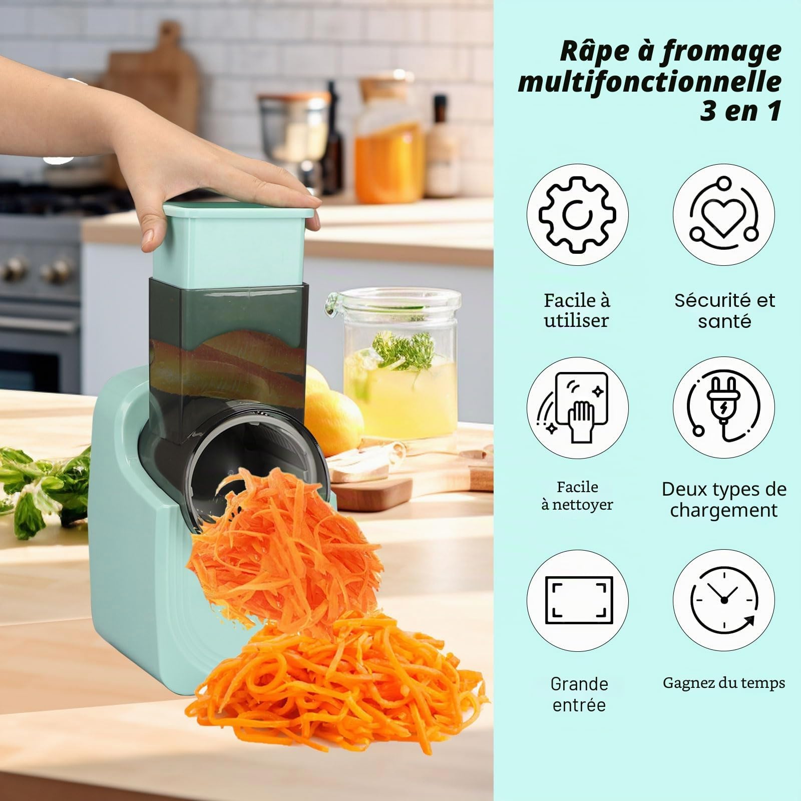 3 en 1 Rapeuse Legume Electrique, Decoupe Legumes Electrique avec 3 Lames, Facile à Nettoyer, 50W Coupe Legumes Multifonctions pour Fromage, Carottes, Pommes de Terre, Concombres